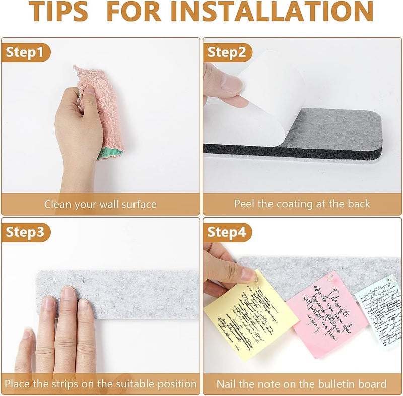 Arlasuo 5 Pack Felt Pin Board Bar Strips Bulletin Board for Bedrooms Offices Home Wall Decoration, Notice Board Self Adhesive Cork Board with 35 Push Pins for Paste Notes, Photos, Schedules (Grey) - Image 3